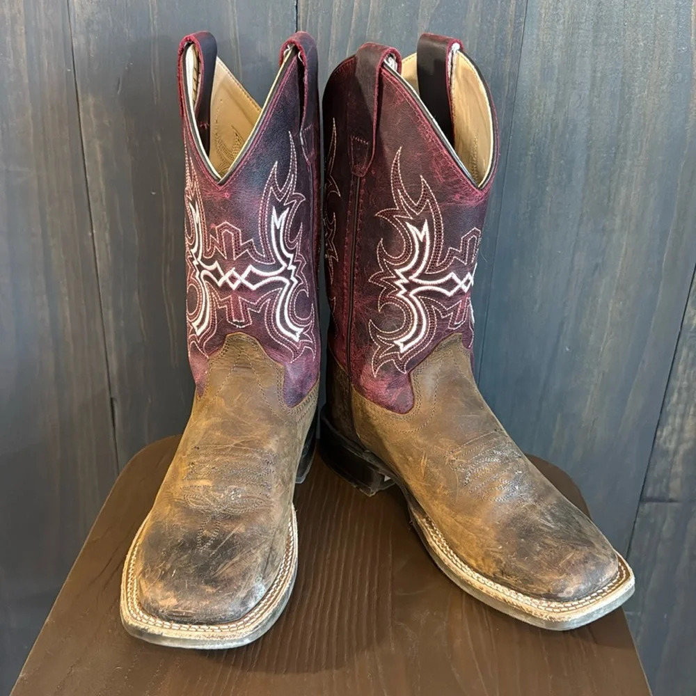 Old West Leather Burgundy Square Toe Pull-On Western Boots Kids Size 1 D